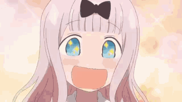 a cartoon girl with a bow on her head looks surprised