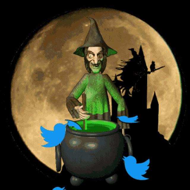a witch is stirring a green liquid in a cauldron with twitter birds flying around her