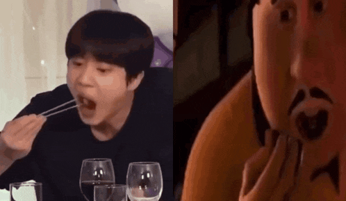 a man is eating food with chopsticks next to a cartoon character with a mustache .
