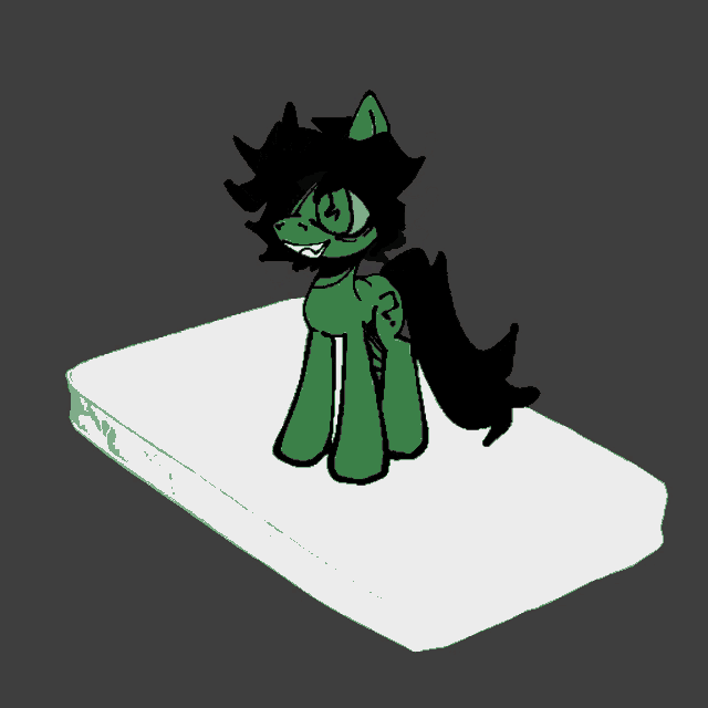 a green pony with a question mark on its back is sitting on a white mattress