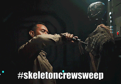 a skeleton crewsweep poster with a red light beam
