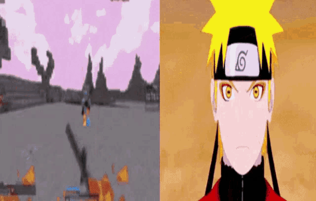 a screenshot of a video game and a picture of naruto wearing a headband with the letter g on it