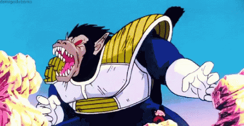 a cartoon character from dragon ball z is a gorilla with a huge mouth .