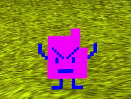 a purple pixel character with blue arms and legs is walking on a grassy field