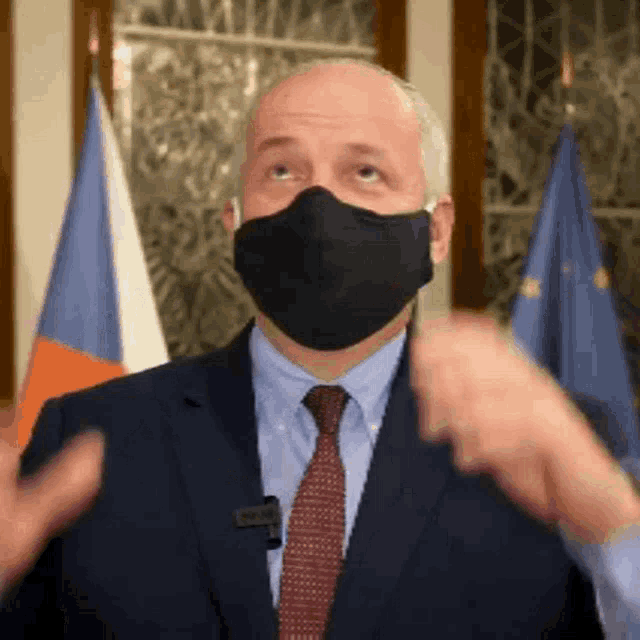 a man in a suit and tie wearing a face mask