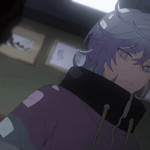 a purple haired anime character with a black hood