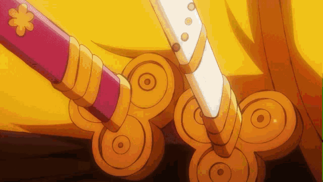 a pink and white sword with a yellow flower on it