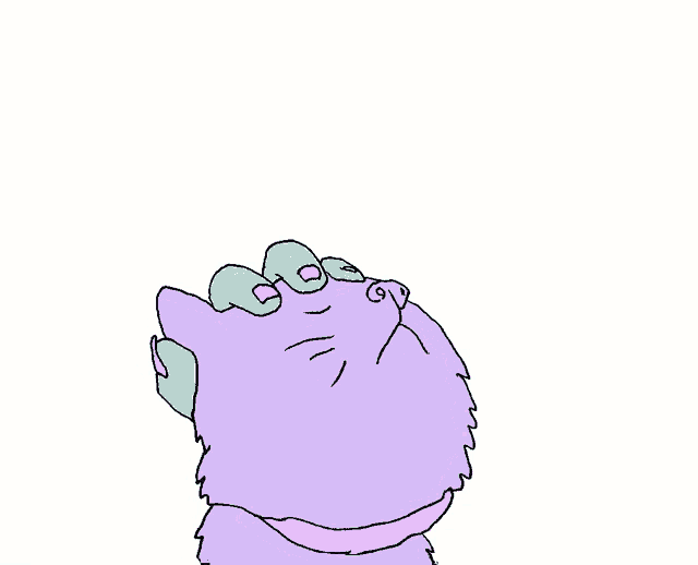 a purple cat with a pink collar is looking up at something