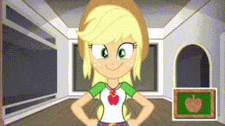 a cartoon girl is standing in a room with her hands on her hips and a picture of an apple on the wall .