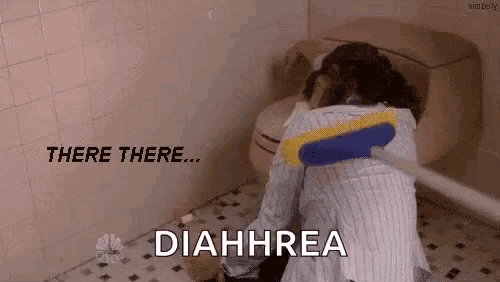 a woman is cleaning a toilet with a broom and the words `` there there ... diarrhea '' .