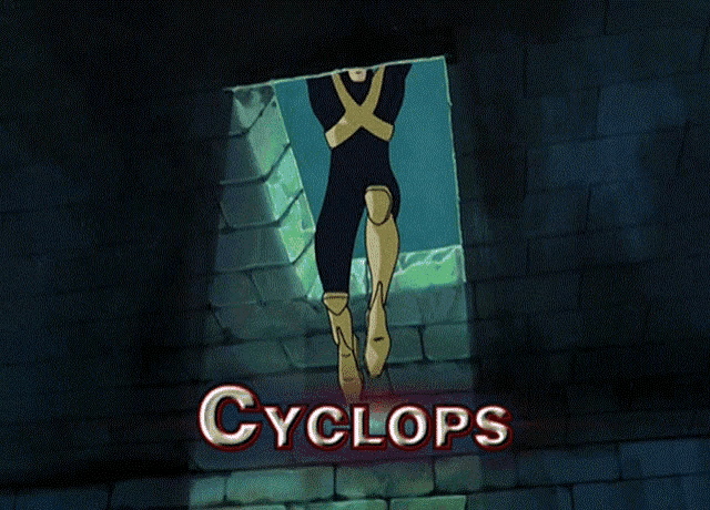 a cartoon of cyclops standing in front of a stone wall