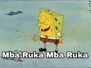 a cartoon of spongebob squarepants laughing and hugging himself .