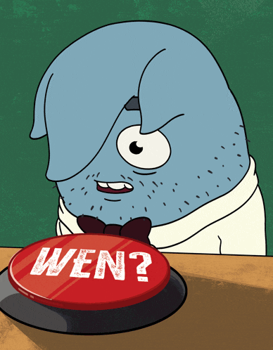 a cartoon character is pressing a button with the word wen on it