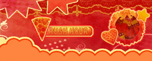 a red background with a pizza and the words rush hour