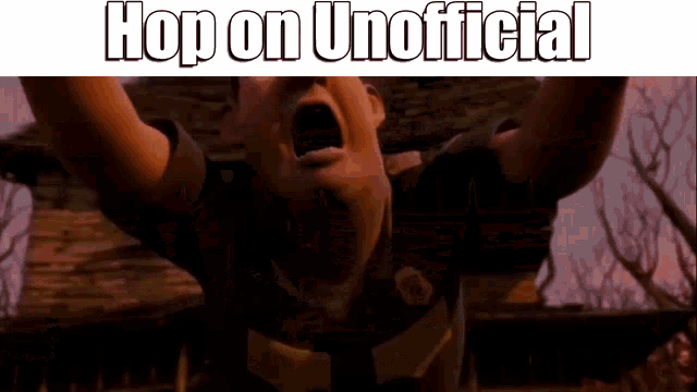 a cartoon character with his mouth open and the words hop on unofficial above him
