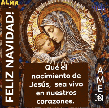 a painting of a woman holding a baby with the words feliz navidad written on it
