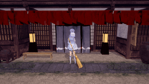 a girl with a broom stands in front of a building with a sign that says " drink kee "