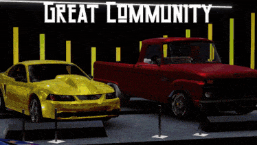 a yellow car and a red truck are displayed in front of a great community sign