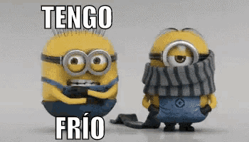 two minions are standing next to each other and one is wearing a scarf and the other is wearing goggles .