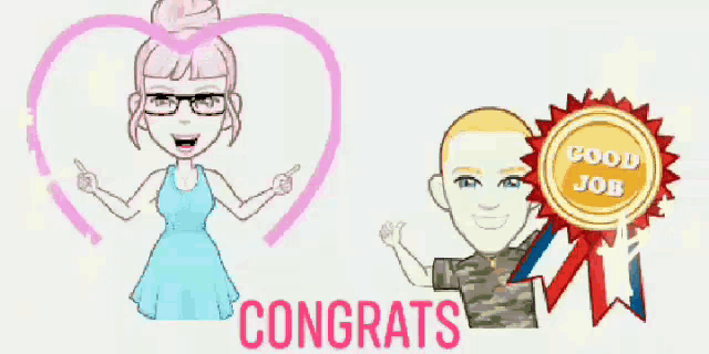 a cartoon of a woman pointing at a heart and a man with a good job badge
