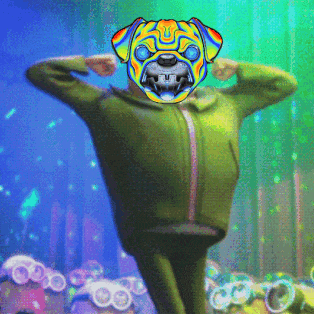 a man with a pug mask on his face is flexing his muscles