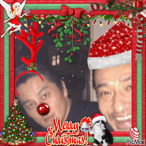 two men wearing santa hats are in a merry christmas picture frame