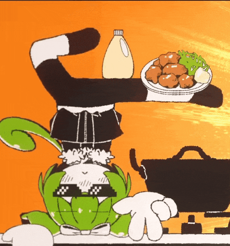 a cartoon drawing of a cat holding a tray of food