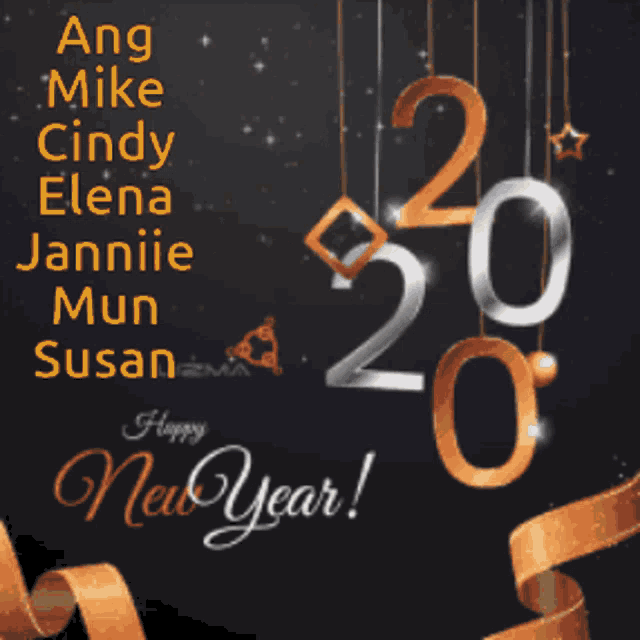 a happy new year greeting card with the names cindy elena and jannie