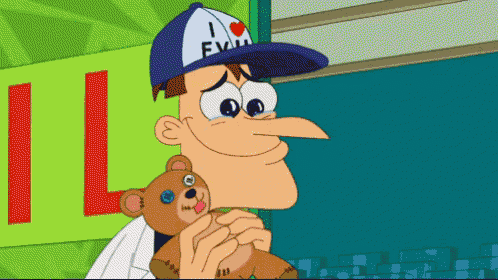 a cartoon character is holding a teddy bear and wearing a hat that says i love evil