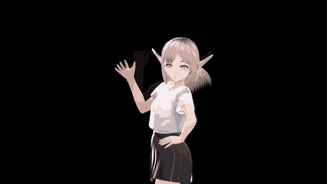 a girl in a white shirt and black skirt stands in front of a black background with her hands on her hips