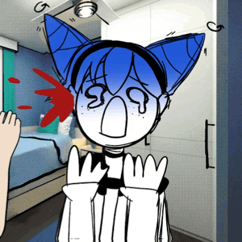 a cartoon drawing of a person with blue ears and a white face