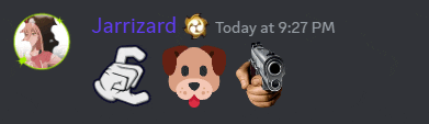 a screenshot of jarrizard today at 9:27 pm with a dog and a hand pointing a gun