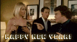 a happy new year greeting card with a woman holding a glass of champagne