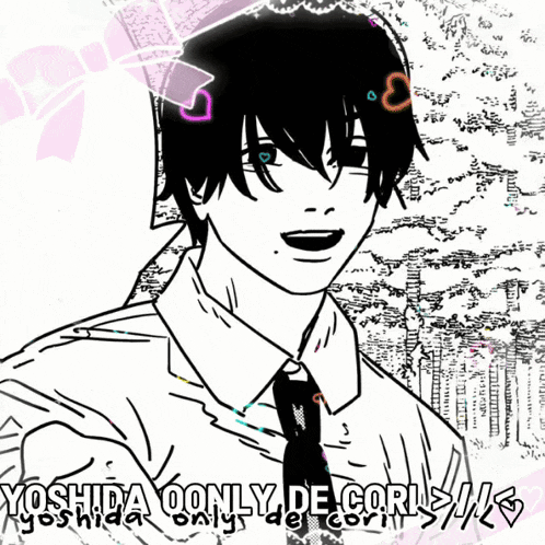 a black and white drawing of a boy with the words yoshida only de corl written on the bottom
