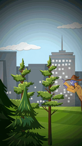 a cartoon drawing of a man looking through binoculars at trees in front of a city