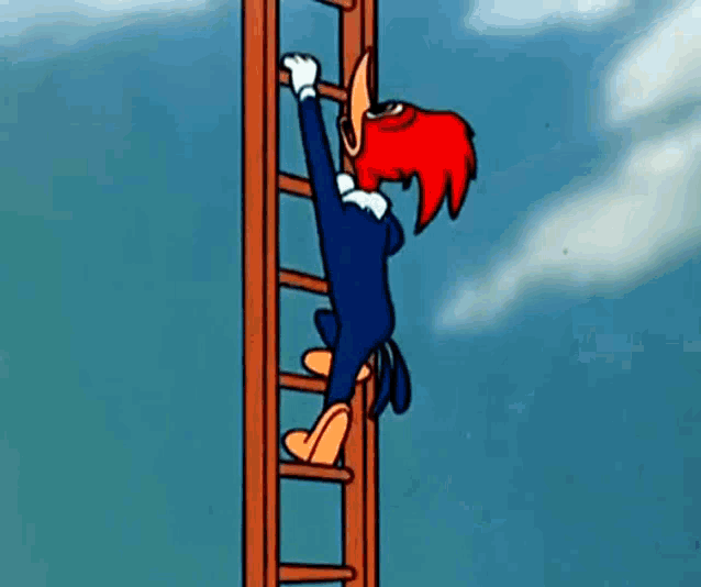 woody woodpecker is climbing up a wooden ladder in a cartoon
