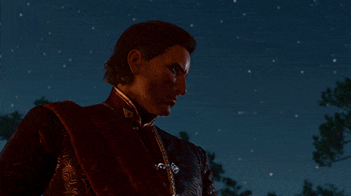 a man in a red jacket holds his hands out in front of a night sky full of stars