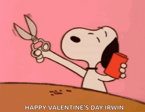 a cartoon of snoopy holding a pair of scissors with the words happy valentine 's day irwin