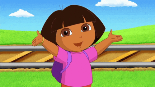 dora the explorer with her arms outstretched in front of a railroad track