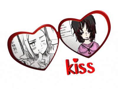 two hearts with a picture of a girl and the word kiss