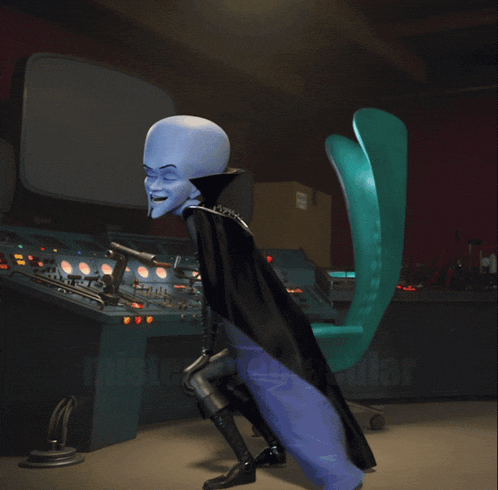 a cartoon character in a black cape is standing in front of a control panel and a chair with the word monsters near the bottom