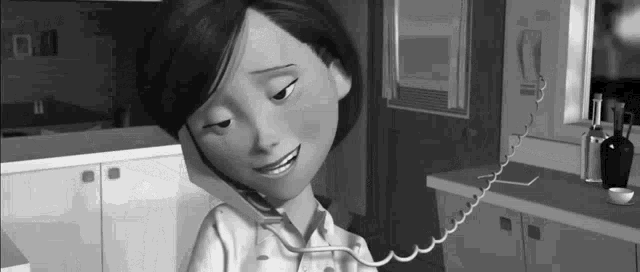 a cartoon woman is talking on a telephone in a kitchen .