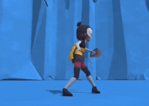 a cartoon character is flying through the air on a blue background