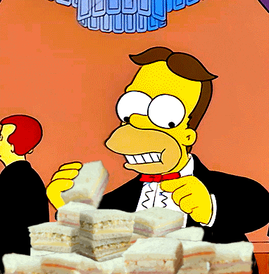 a cartoon of homer simpson eating a sandwich with a stack of sandwiches behind him