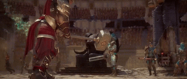 a man in armor is standing next to another man in armor holding a sword in a video game .