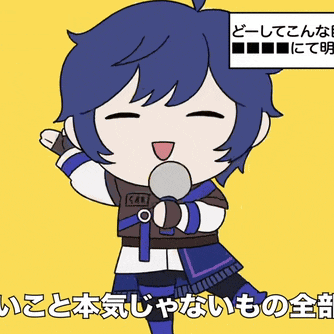 a cartoon of a boy with blue hair holding a microphone in front of a yellow background with chinese writing