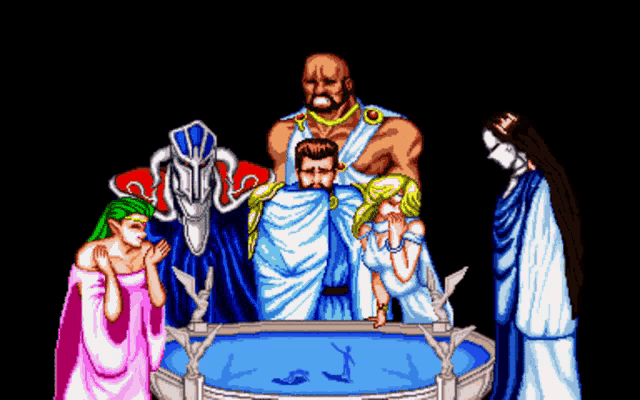 a group of people are standing around a pool of water in a video game