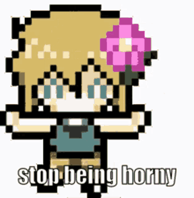 a pixel art drawing of a girl with a flower in her hair says stop being horny