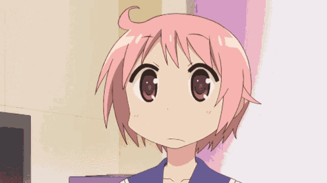 a girl with pink hair is being slapped on the forehead by another girl