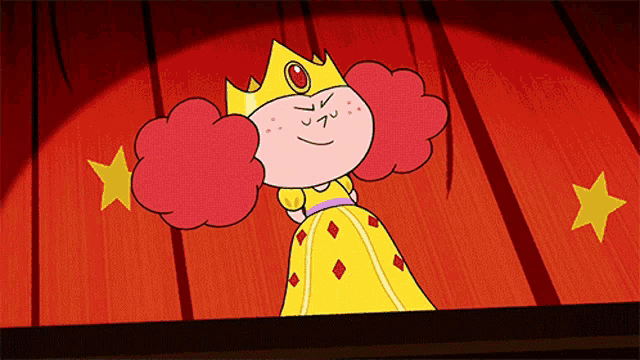 a cartoon character with red hair and a yellow dress is wearing a crown